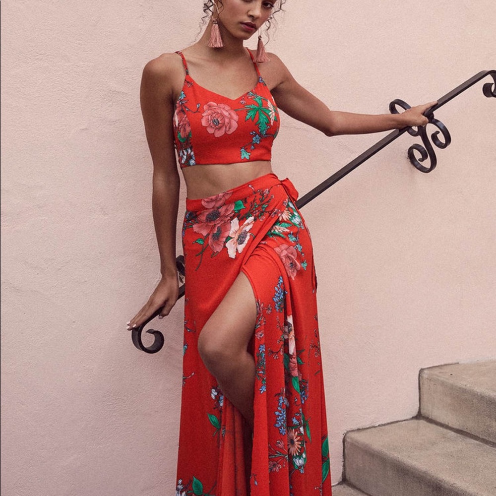 Lulu’s Bloom with a View two piece red floral wrap skirt and top.